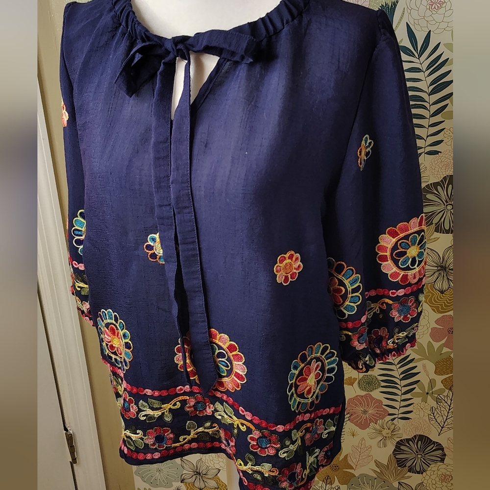 Ana &Rose Embroidered Navy Blue BohoWomen's Top Size S